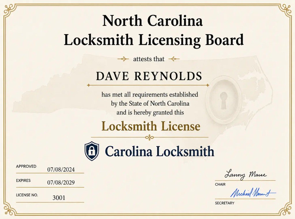 North Carolina Locksmith License #3001 issued to Dave Reynolds by the North Carolina Locksmith Licensing Board