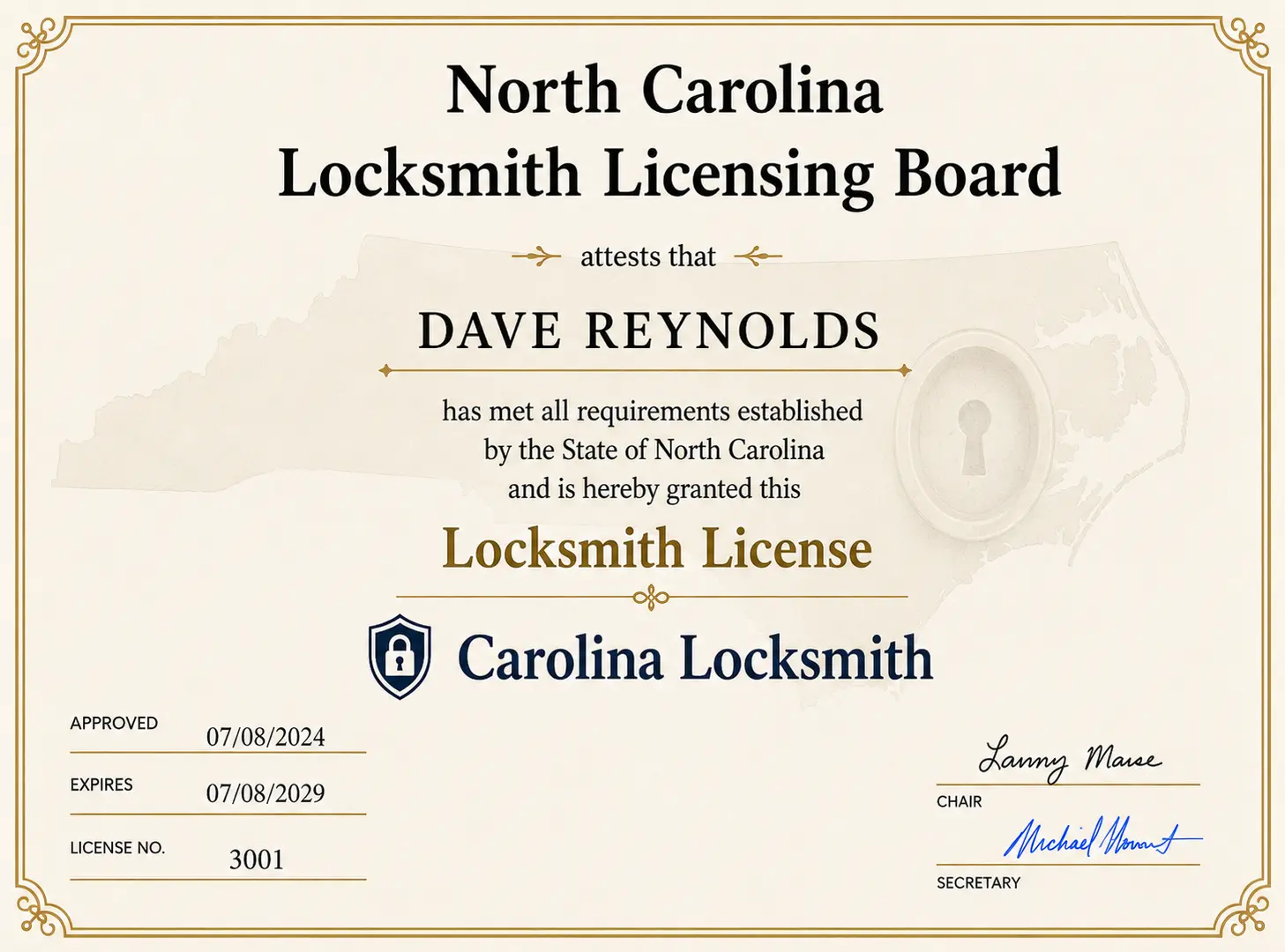 North Carolina Locksmith License #3001
